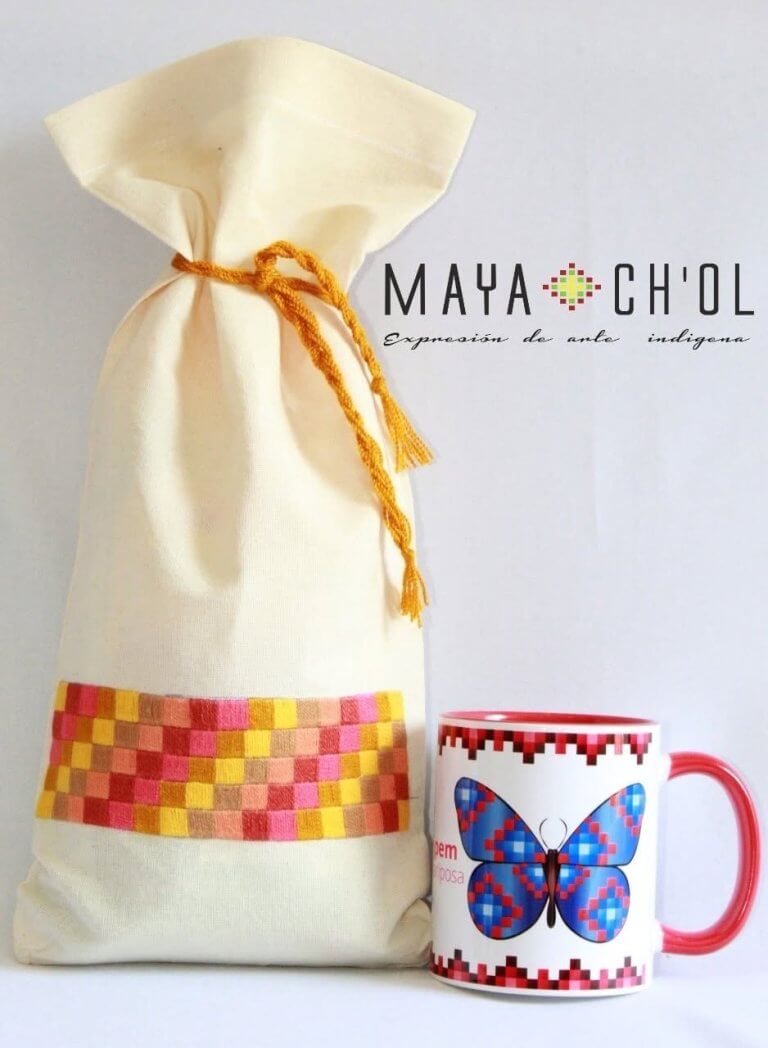 Costal para café y taza con decoración Chol